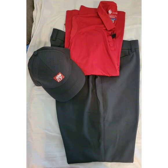 Chick Fil A Women's Uniform Polo Shirt Red Size L Pants 16 & Hat - Picture 1 of 8